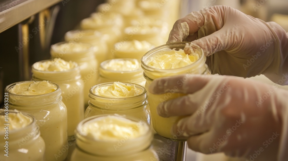 Poster workers on a production line carefully fill glass jars with a creamy food product. the environment i