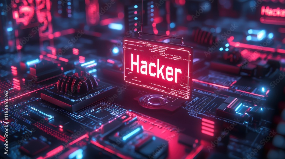 Poster cyberpunk hacker digital art: neon glow and circuitry