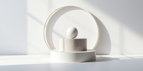 Minimalist Product Display White Sphere on Beige Cylinder with Circular Frame and Sunlight Shadows