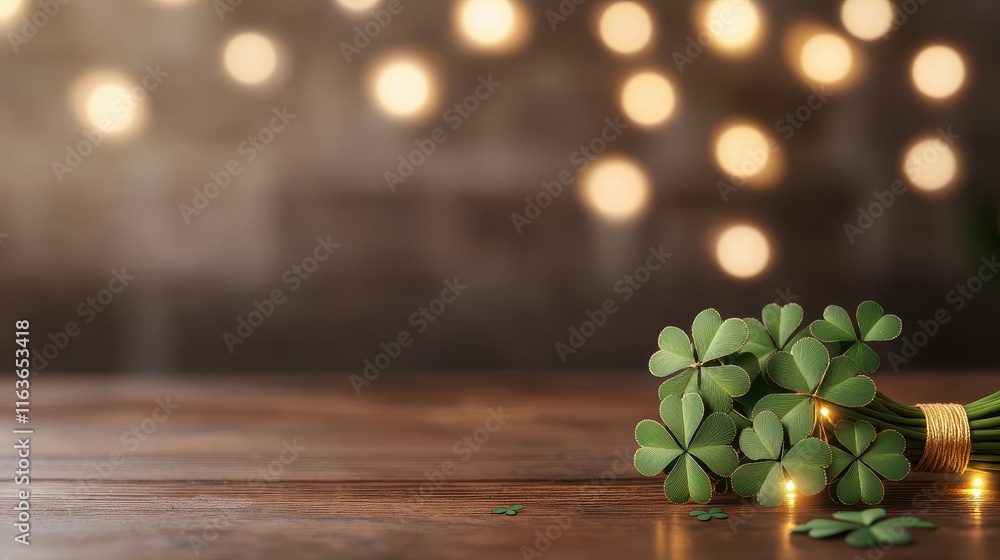 Poster st. patrick's day concept, small clover bouquets tied with gold string resting on a wooden surface w