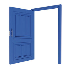 3d render of open blue door. mockup template concept