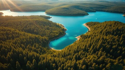 Obraz premium Serene Aerial View of a Picturesque Inland Lake Surrounded by Lush Evergreen Forests Under a Golden Sunlight