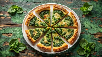 Golden-Brown Spinach Pie, Top View, Eight Slices, White Plate, Green Background - Stock Photo