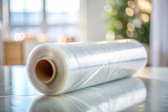 High-Depth-of-Field Image: Rotating Roll of Stretch Film on White Table - Convenient Packaging Material for Groceries & Moving