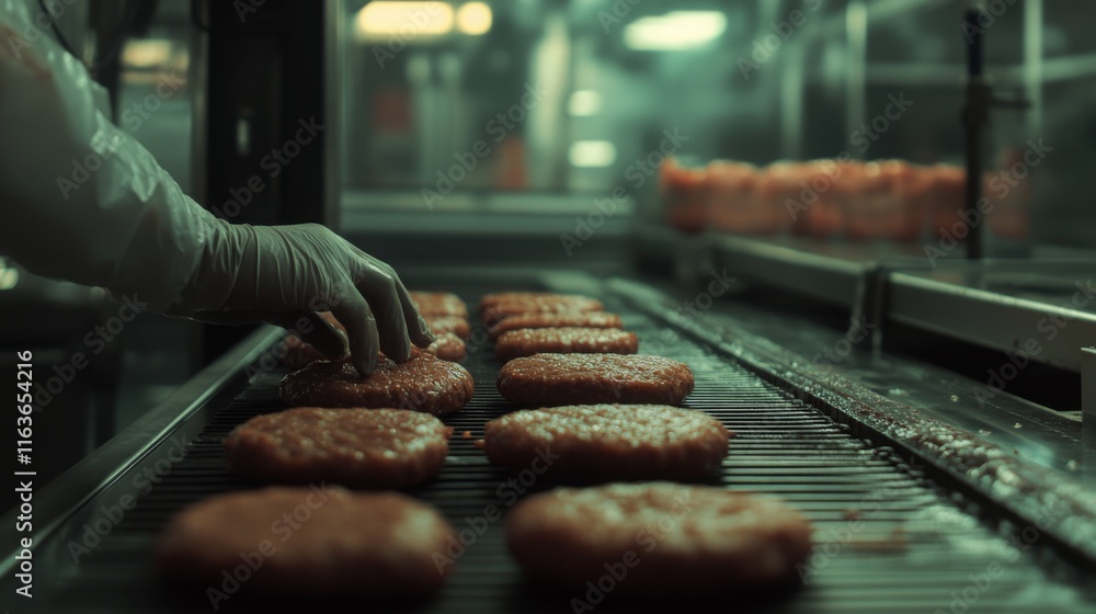 Poster in a busy food production facility, a worker meticulously places burger patties on a conveyor belt. 