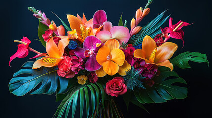 Obraz premium Vibrant Tropical Floral Arrangement on Dark Background, A colorful and vibrant floral arrangement featuring a mix of tropical flowers, including orchids, roses, plumeria, and exotic blooms, set agains