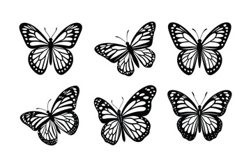 Monarch Butterfly (Danaus plexippus)  silhouette design, labeled linocut vector illustration.