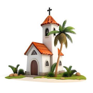 Small white church with a red roof and a cross on top