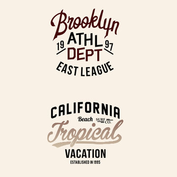 Vintage varsity college typography  Brooklyn and california slogan print for graphic tee t shirt or sweatshirt hoodie - Vector
