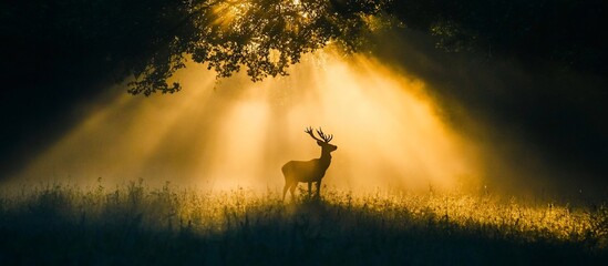 Majestic deer silhouette bathed in golden sunrise rays through a forest.