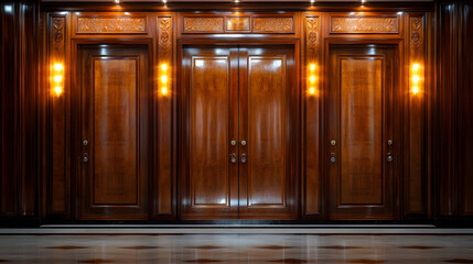 Luxurious wooden saloon doors with polished finishes and elegant lighting
