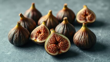 Fototapeta premium A cluster of ripe figs, some whole and others halved, showcasing their deep purple skin and vibrant red interior on a dark gray surface.