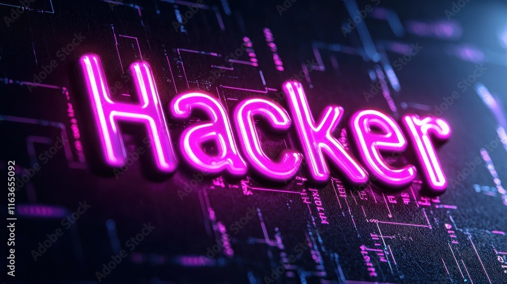 Poster neon hacker sign on circuit board background