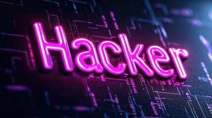 Neon Hacker Sign on Circuit Board Background