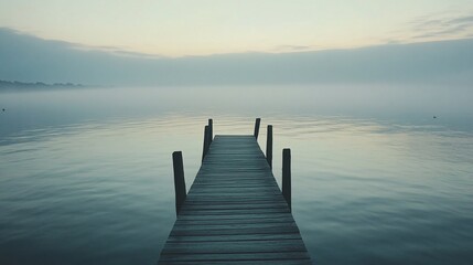 Fototapeta premium Tranquil wooden dock extending into a misty lake at dawn. Calm, serene, peaceful, quiet, misty, foggy, 