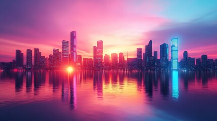 Obraz premium Futuristic cityscape at vibrant sunset over water with neon lights reflecting.