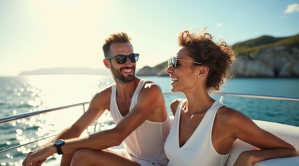 Fototapeta premium A couple chatting while relaxing on the deck of a cruise ship.