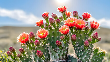 Fototapeta premium vibrant blooming cactus with vivid red flowers under sunny sky