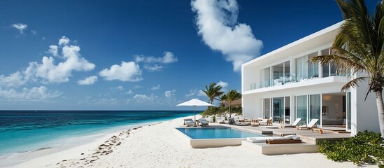 Obraz premium Modern beachfront villa on pristine white sand beach.