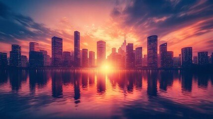 Fototapeta premium Sunrise over a modern cityscape reflected in calm water.