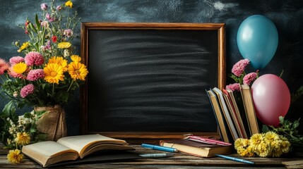 A promotional image with a blackboard as the main body, accompanied by books, pens, flowers, and balloons around it