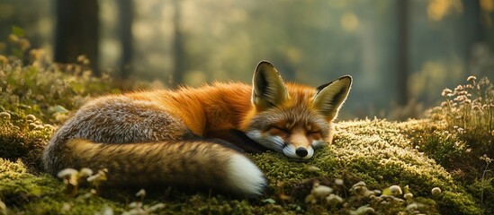 Obraz premium Sleepy fox resting on mossy forest floor.