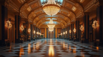 Obraz premium Ornate gold hallway, chandeliers, checkered floor.