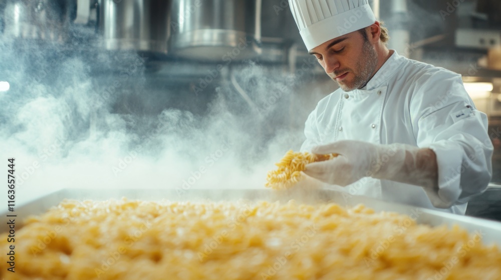 Poster In a bustling kitchen, a chef skillfully prepares fresh pasta, surrounded by clouds of steam. The production line is filled with a large quantity of pasta waiting to be cooked and served.