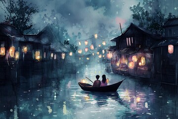 Obraz premium Romantic Couple in a Boat on a Canal at Night, Illuminated by Lanterns.