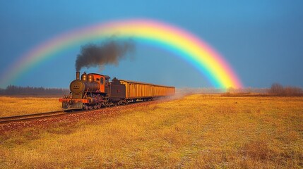 Steam train travels past rainbow, autumn field.