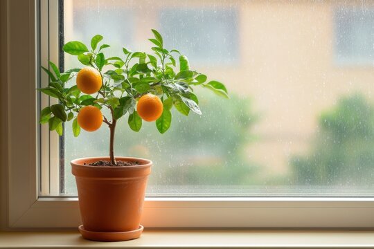 Indoor citrus and herbs in terracotta pot on windowsill