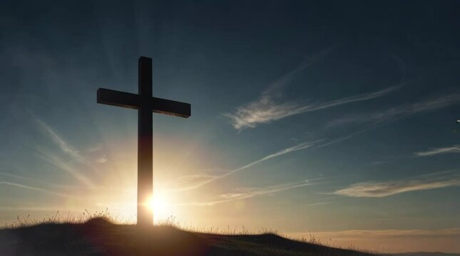 cross at sunset in the mountain. Virtual 4K video animation background with looping time lapse with very smooth graphics.