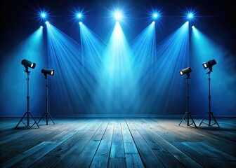 Blue spotlight illuminates an empty wooden theater; stark shadows dance in a mysterious silhouette play.