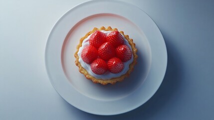A delicious strawberry tart atop a white plate, featuring fresh, ripe strawberries and creamy filling, set against a soft backdrop.