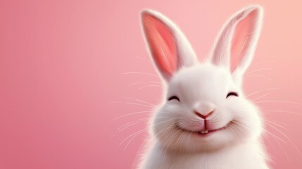 A happy, smiling rabbit against a pink background