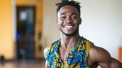 African male dancer smiling wearing blue yellow tank top in studio standing upright with arms at his sides short hair styled into dreadlocks and braids