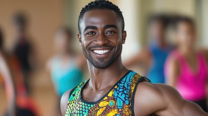 African American male fitness instructor an energetic Zumba class wearing colorful athletic wear with his face lit up in background of smiling people dancing to music