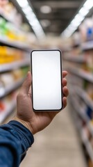 A close-up of an outstretched hand holding up an phone with the screen facing forward and blank white, in front of shelves filled with different types of products