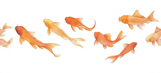 Obraz premium Seamless Horizontal Orange Koi fish Goldfish swimming boarder isolated on white background 