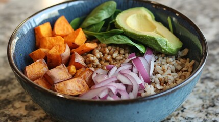 A vibrant bowl featuring roasted sweet potatoes, avocado, spinach, and grains, perfect for a healthy meal.