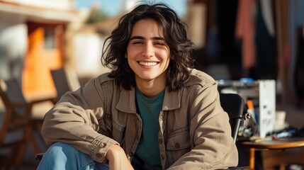Fototapeta premium Happy smiling young Italian man long hair wearing oversized beige jacket blue jeans sitting on ground next to film equipment movie set