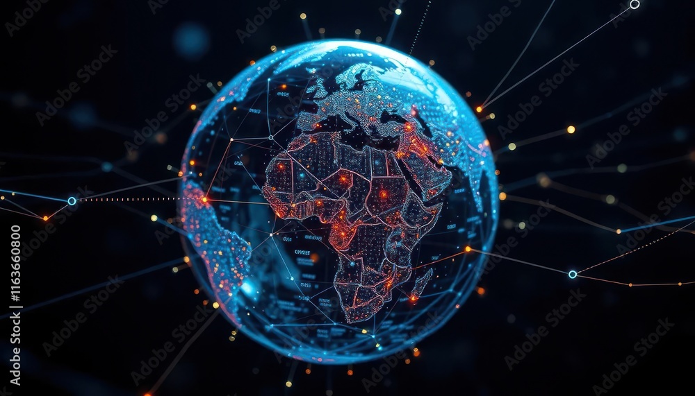 Poster global network connections visualized as a digital earth, showcasing intricate data streams and inte