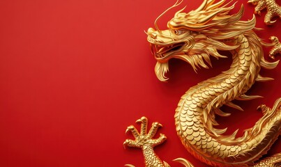 golden chinese dragon on red color background