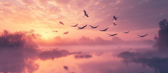 Obraz premium Sunrise over a tranquil river with birds in flight.