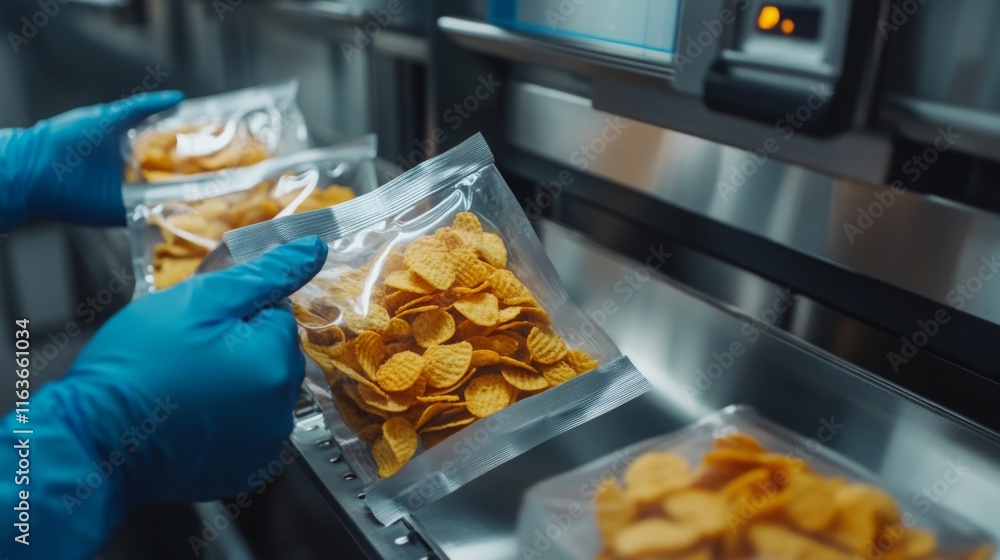 Poster In a busy food production facility, workers utilize advanced machines to package snack chips. The automated system ensures quick and hygienic handling of each packet, enhancing productivity.