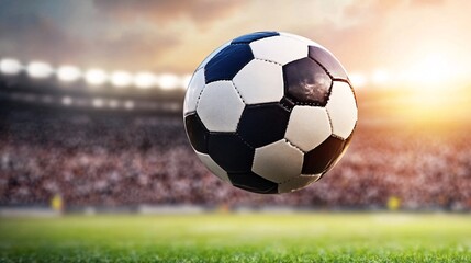 Fototapeta premium A close-up of a soccer ball soaring through the air against a vibrant sunset backdrop in a stadium setting.