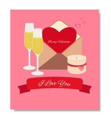 Card with the inscription "I love you" and festive elements on a pink background. Banner template. Vector illustration. Flat illustration.