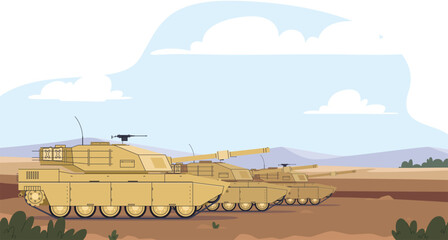Tank on the battlefield. Military heavily armored vehicles, combat vehicles. Vector illustration © Igor