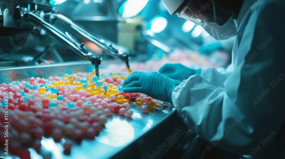 Poster workers in a food production facility use ai-driven tools to sort and inspect colorful candies on a 