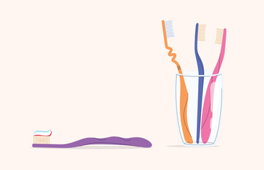 A set of colored toothbrushes with paste and in a glass. Brushes of different shapes for brushing teeth. Oral hygiene. Vector illustration